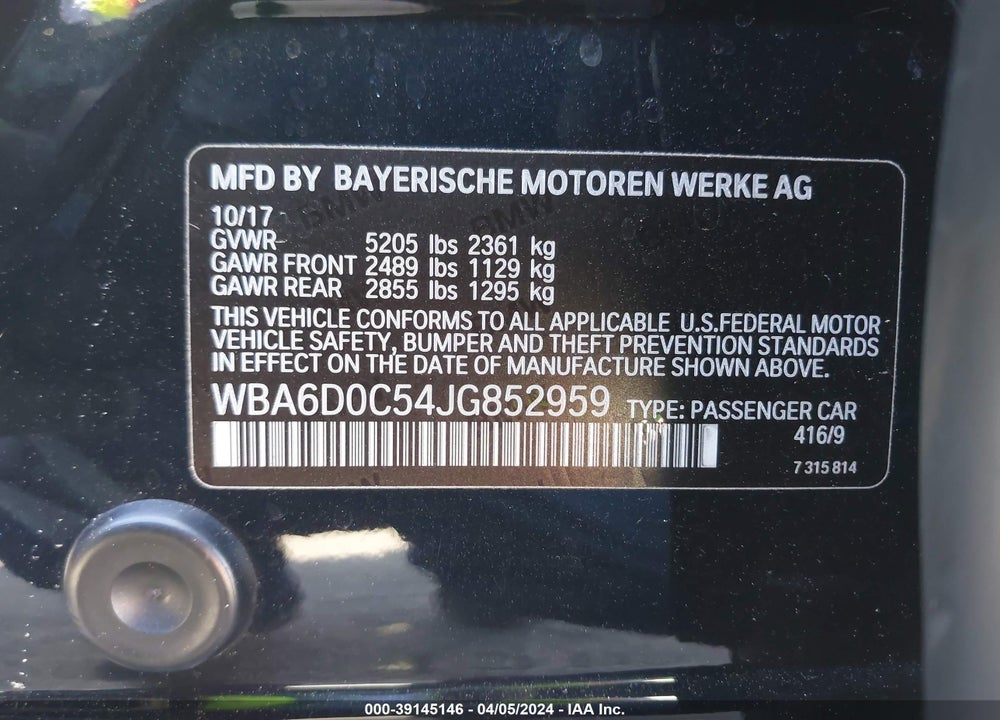 2018 BMW 640I GRAN COUPE VIN: WBA6D0C54JG852959