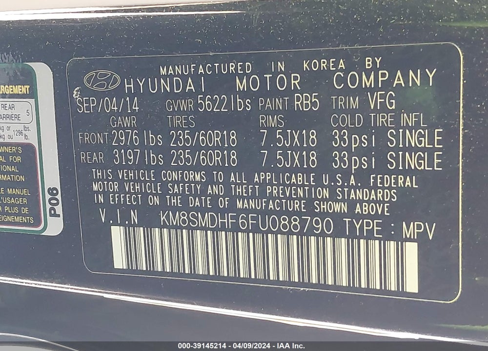 2015 HYUNDAI SANTA FE GLS VIN: KM8SMDHF6FU088790