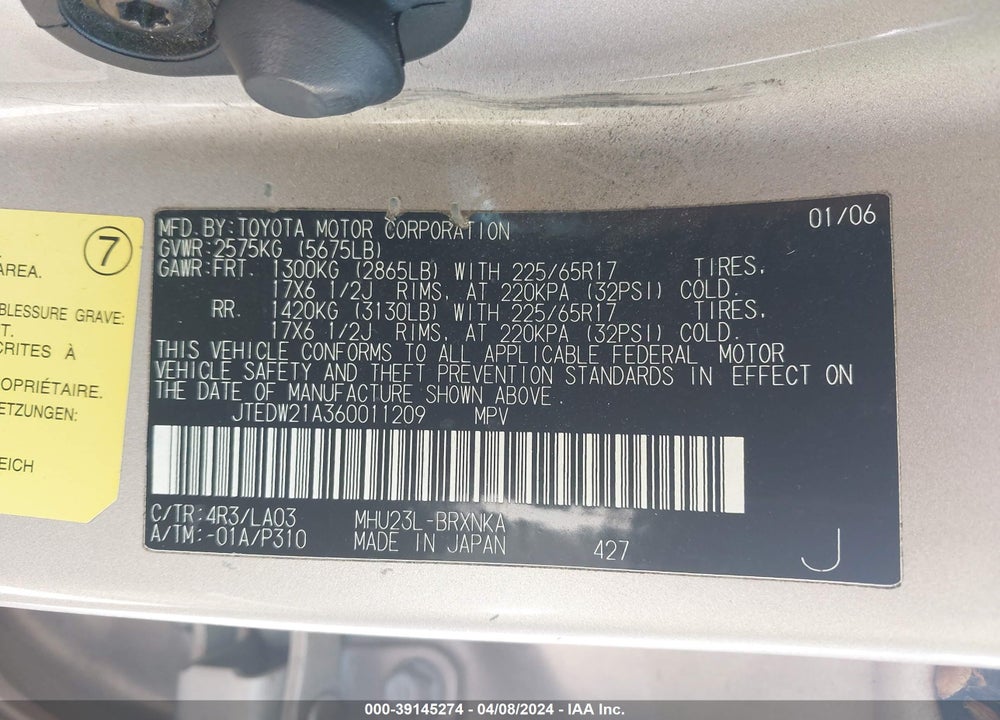 2006 TOYOTA HIGHLANDER HYBRID LIMITED V6 VIN: JTEDW21A360011209