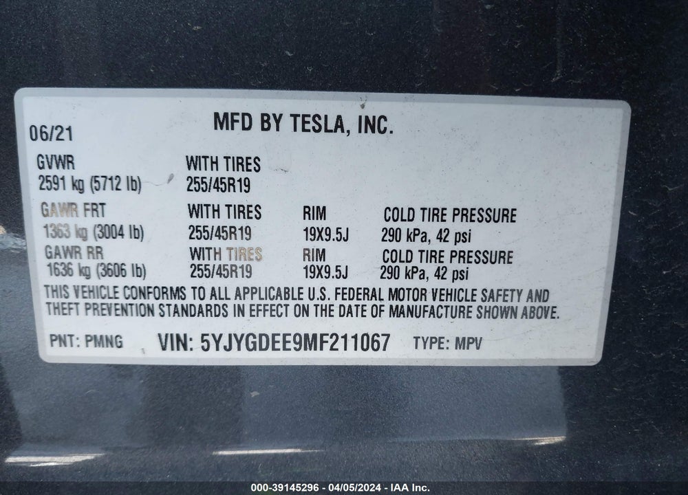 2021 TESLA MODEL Y LONG RANGE DUAL MOTOR ALL-WHEEL DRIVE VIN: 5YJYGDEE9MF211067