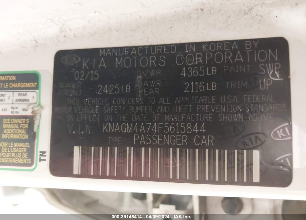 2015 KIA OPTIMA LX VIN: KNAGM4A74F5615844