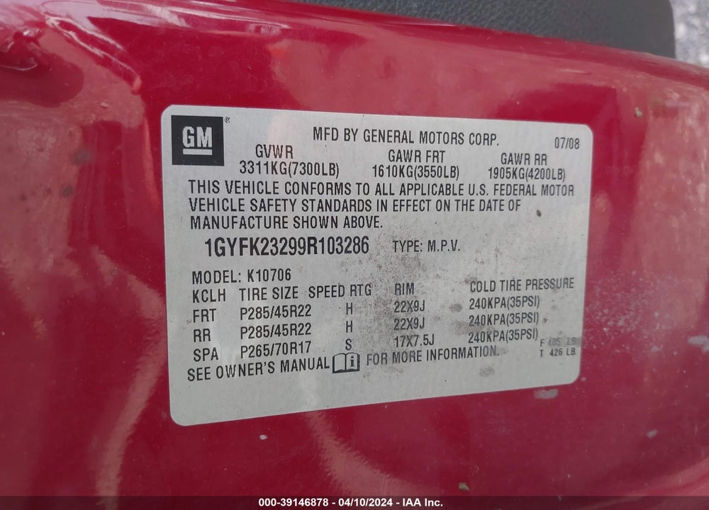 2009 CADILLAC ESCALADE STANDARD VIN: 1GYFK23299R103286