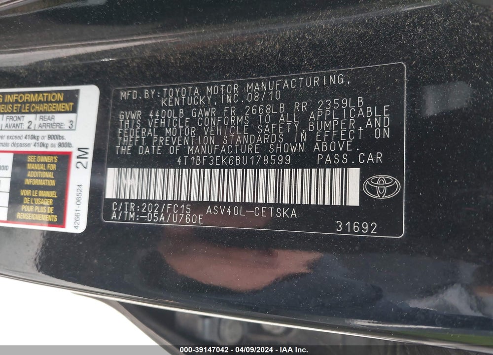 2011 TOYOTA CAMRY SE VIN: 4T1BF3EK6BU178599