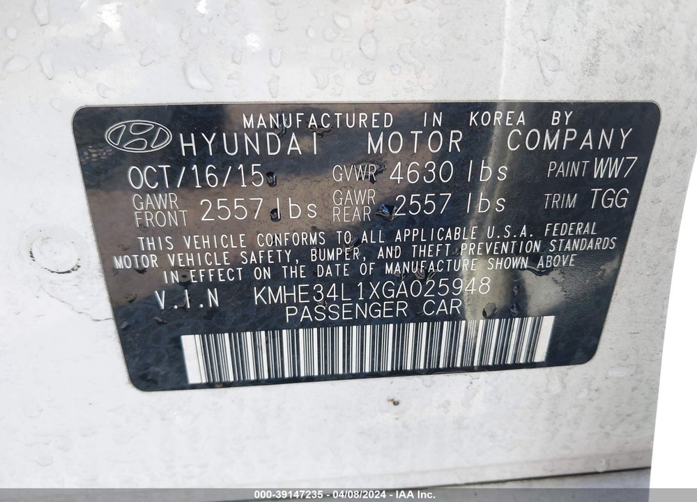 2016 HYUNDAI SONATA HYBRID LIMITED VIN: KMHE34L1XGA025948