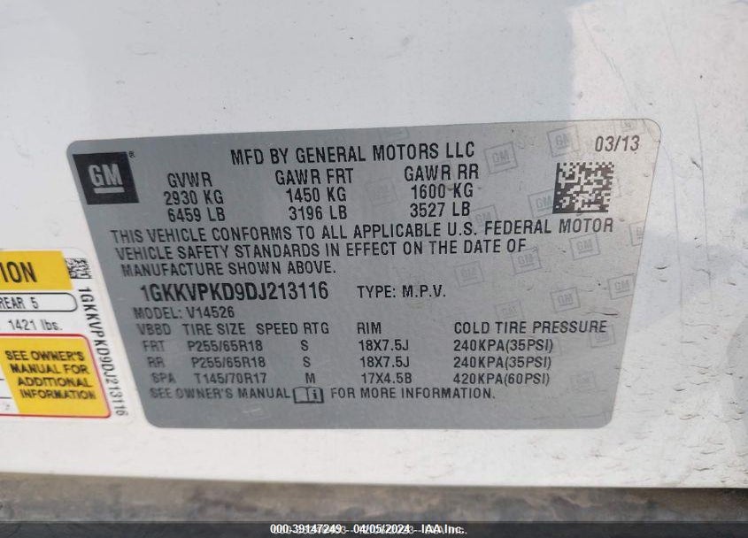 2013 GMC ACADIA SLE-2 VIN: 1GKKVPKD9DJ213116