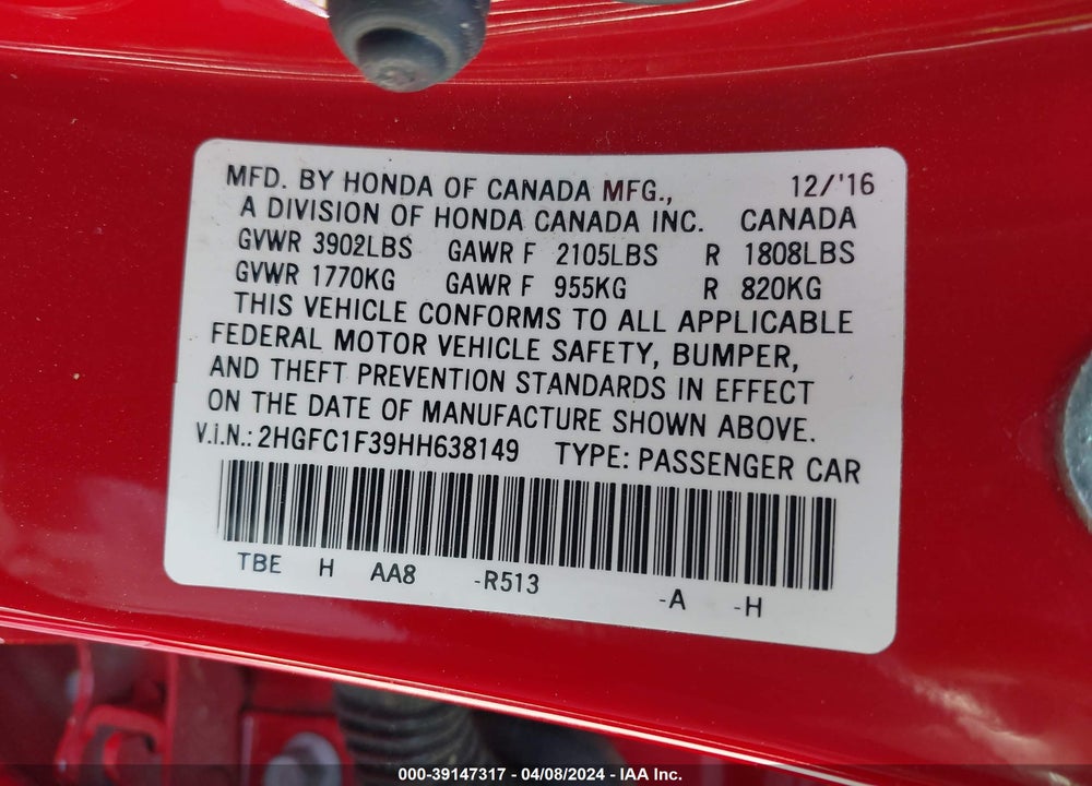 2017 HONDA CIVIC VIN: 2HGFC1F39HH638149