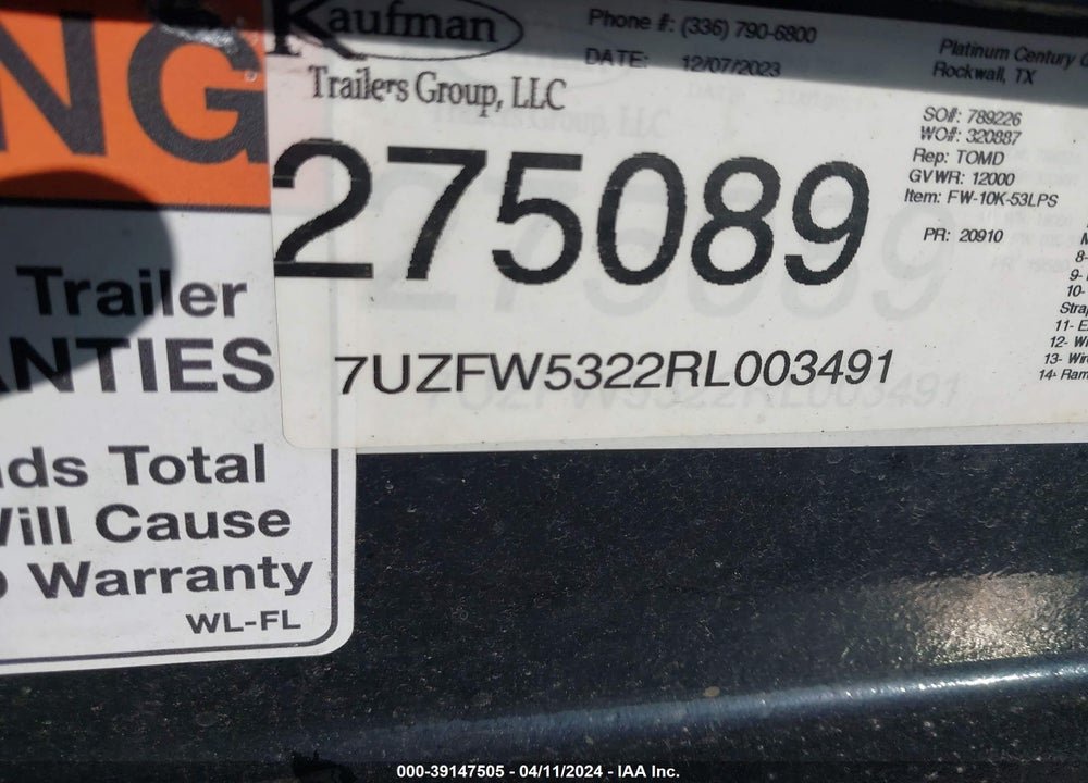 2024 KAUFMAN TRAILERS OTHER VIN: 7UZFW5322RL003491
