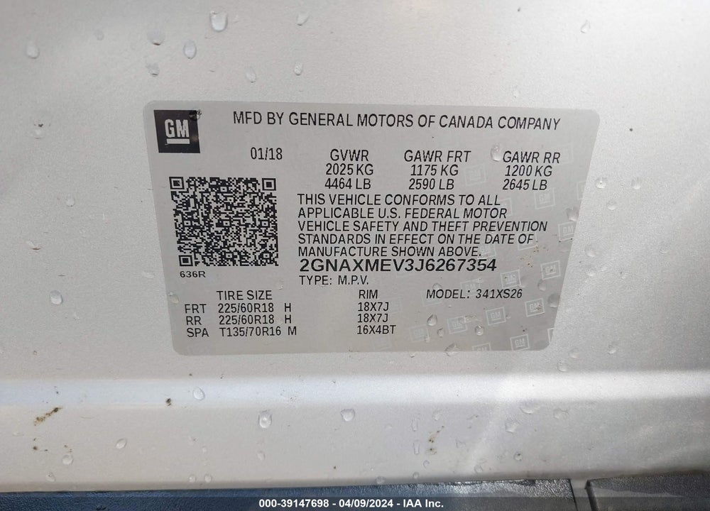 2018 CHEVROLET EQUINOX PREMIER VIN: 2GNAXMEV3J6267354