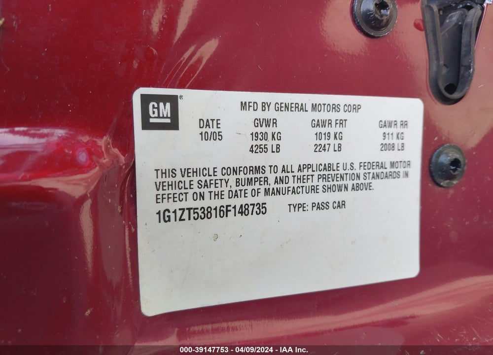 2006 CHEVROLET MALIBU LT VIN: 1G1ZT53816F148735