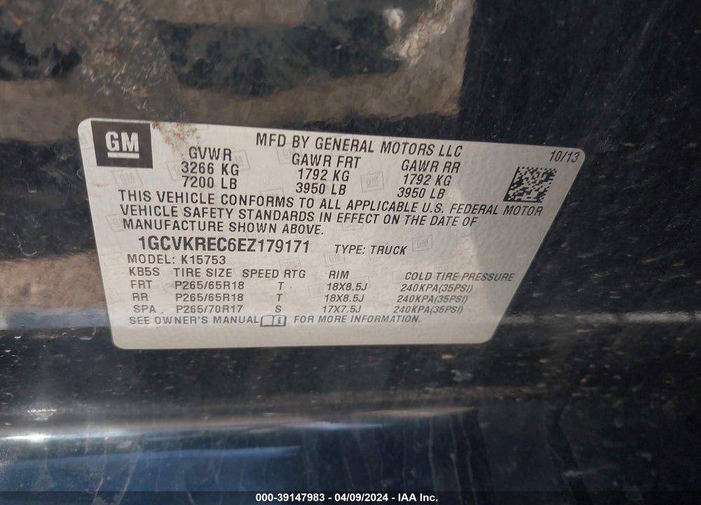 2014 CHEVROLET SILVERADO 1500 2LT VIN: 1GCVKREC6EZ179171