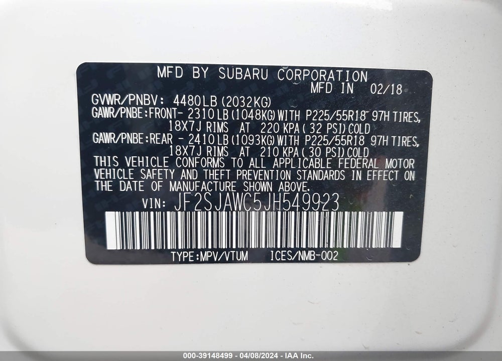 2018 SUBARU FORESTER 2.5I TOURING VIN: JF2SJAWC5JH549923