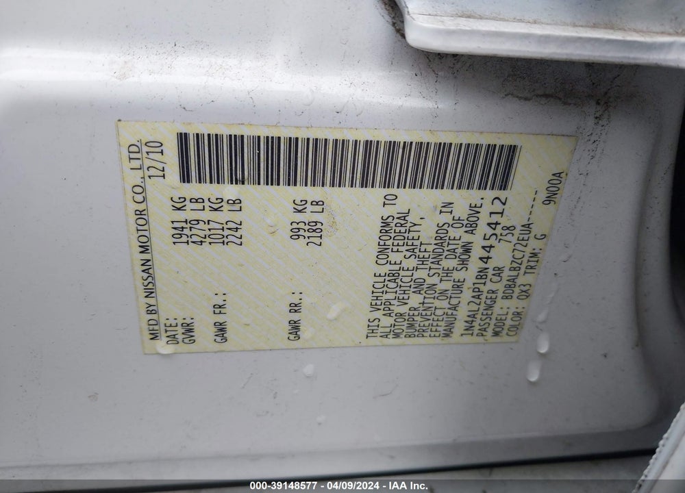 2011 NISSAN ALTIMA 2.5 S VIN: 1N4AL2AP1BN445412
