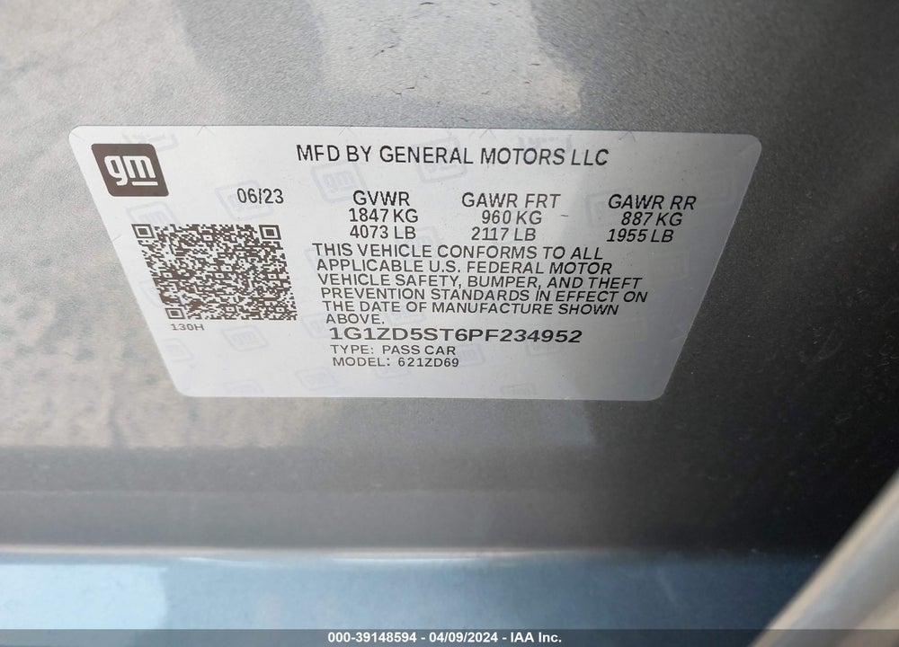 2023 CHEVROLET MALIBU FWD 1LT VIN: 1G1ZD5ST6PF234952