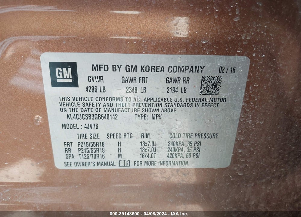 2016 BUICK ENCORE LEATHER VIN: KL4CJCSB3GB640142