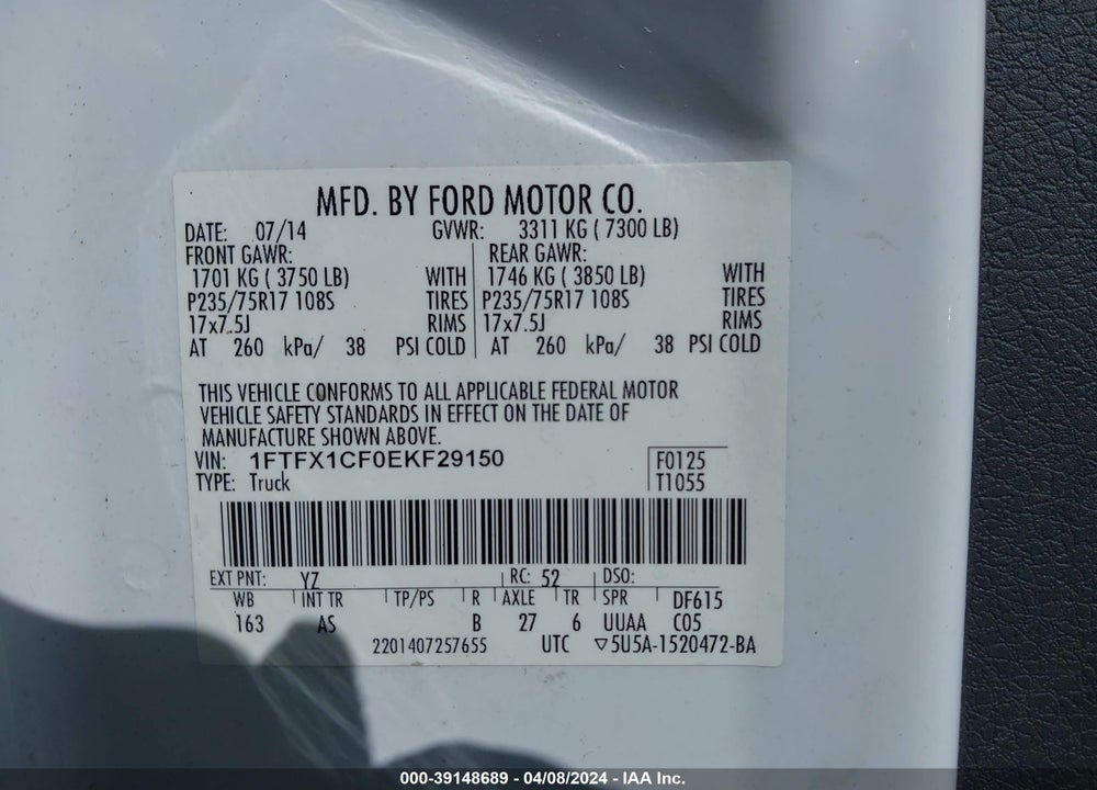 2014 FORD F-150 VIN: 1FTFX1CF0EKF29150