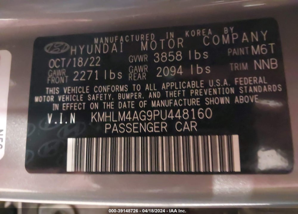 2023 HYUNDAI ELANTRA SEL VIN: KMHLM4AG9PU448160