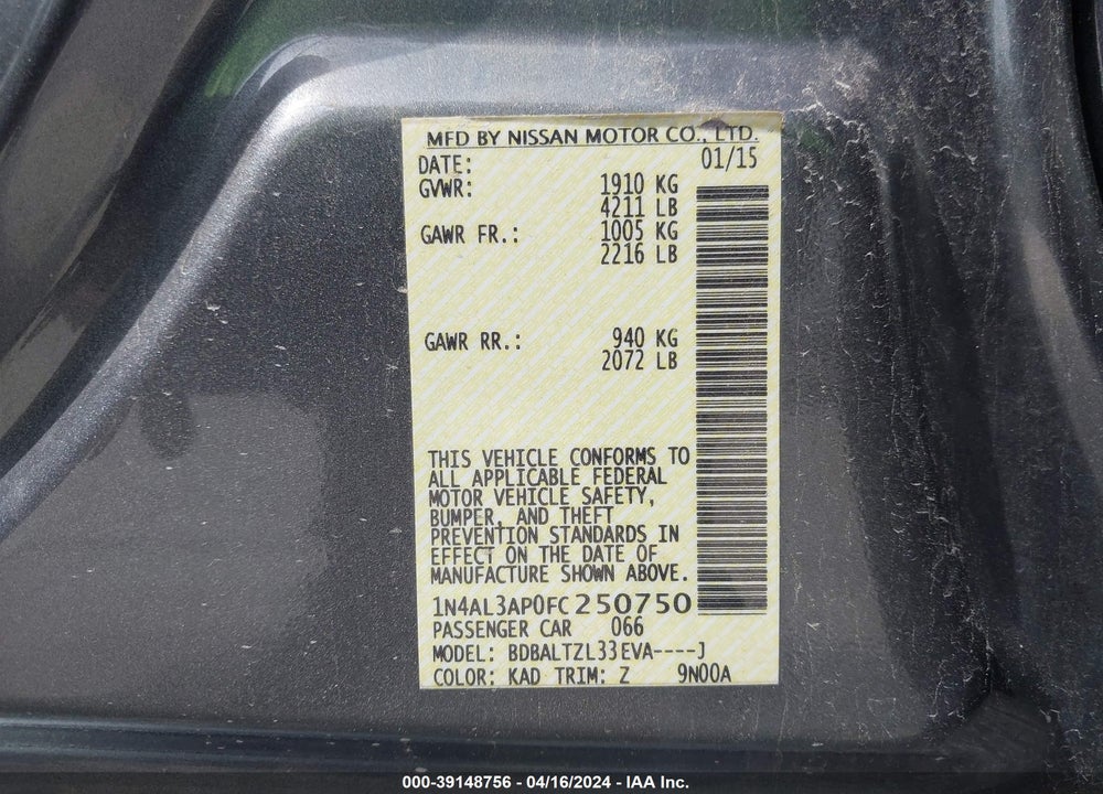2015 NISSAN ALTIMA 2.5 SL VIN: 1N4AL3AP0FC250750