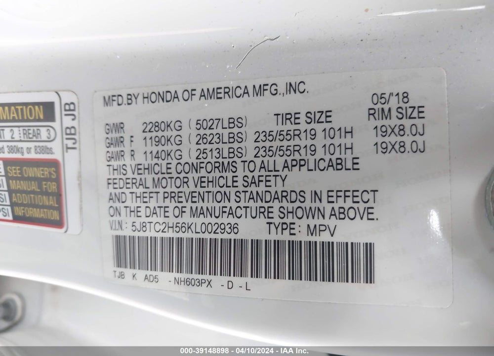 2019 ACURA RDX TECHNOLOGY PACKAGE VIN: 5J8TC2H56KL002936
