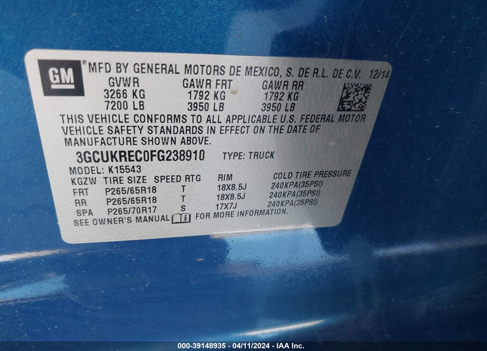 2015 CHEVROLET SILVERADO 1500 2LT VIN: 3GCUKREC0FG238910