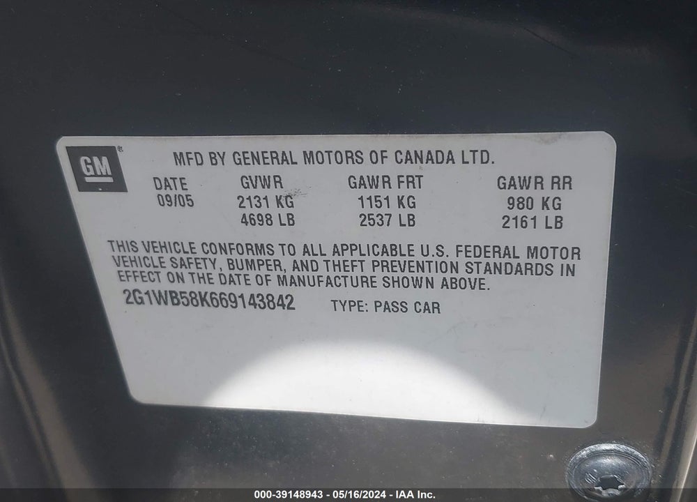 2006 CHEVROLET IMPALA LS VIN: 2G1WB58K669143842