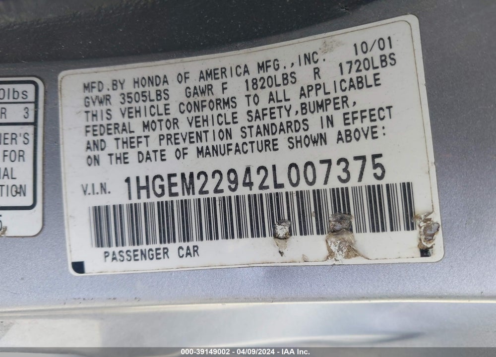 2002 HONDA CIVIC LX VIN: 1HGES16622L077375