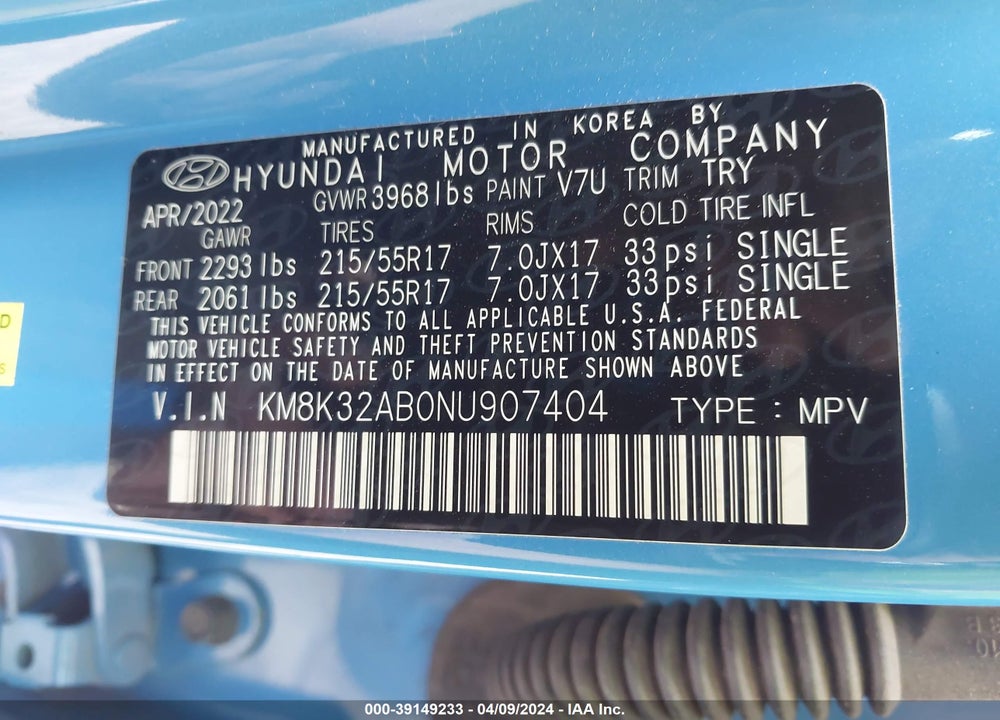 2022 HYUNDAI KONA SEL VIN: KM8K32AB0NU907404