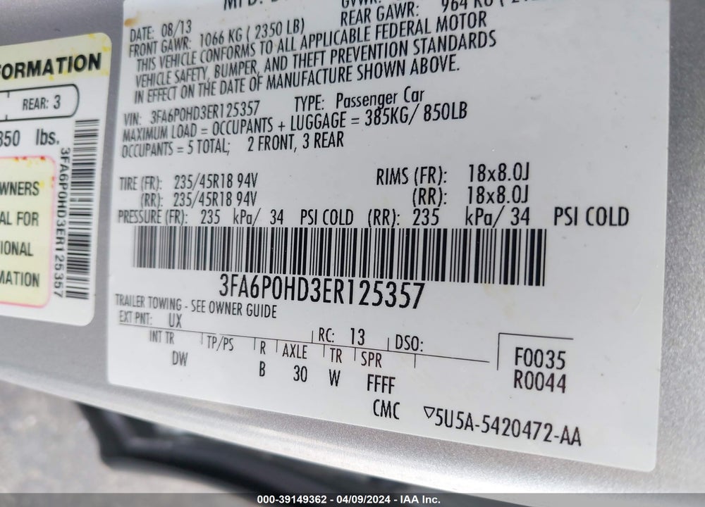2014 FORD FUSION SE VIN: 3FA6P0HD3ER125357