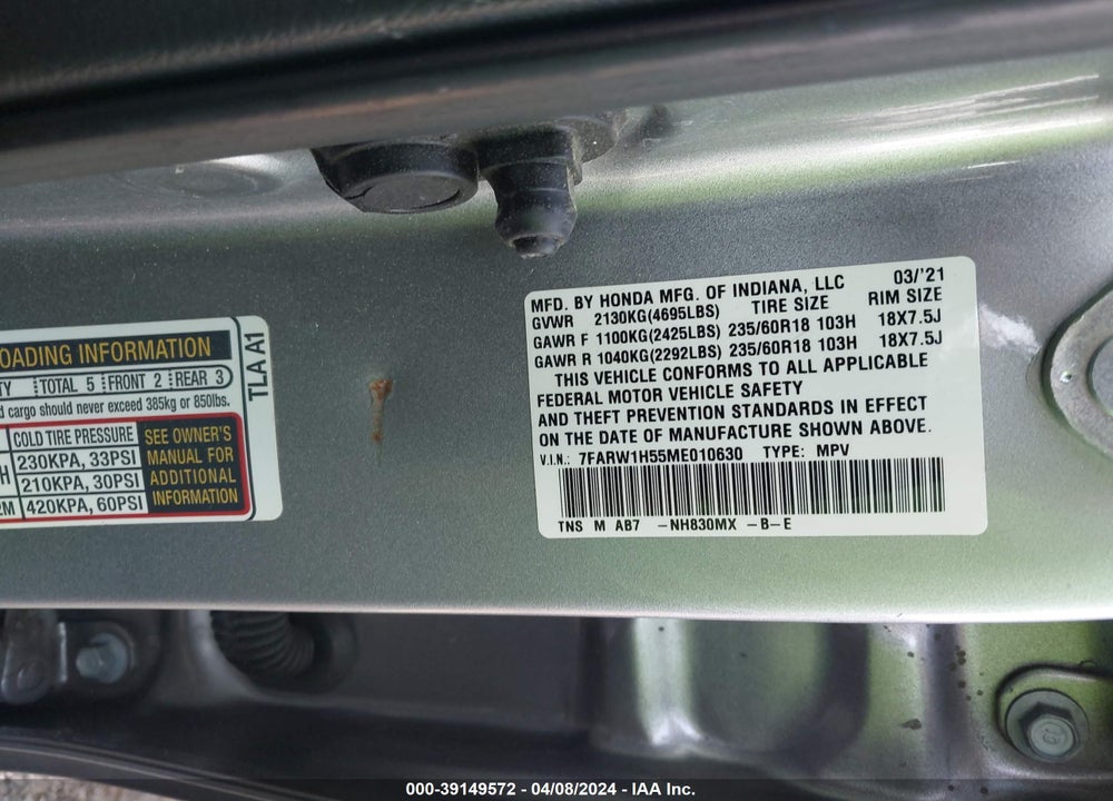 2021 HONDA CR-V 2WD EX VIN: 7FARW1H55ME010630
