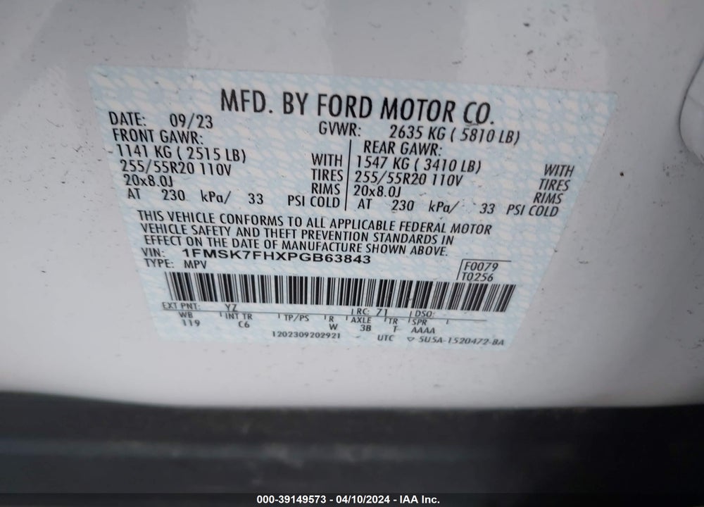 2023 FORD EXPLORER LIMITED VIN: 1FMSK7FHXPGB63843