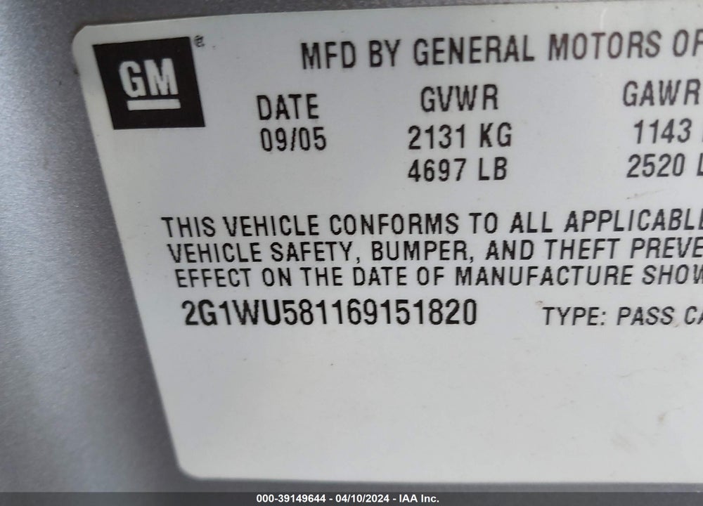 2006 CHEVROLET IMPALA LTZ VIN: 2G1WU581169151820