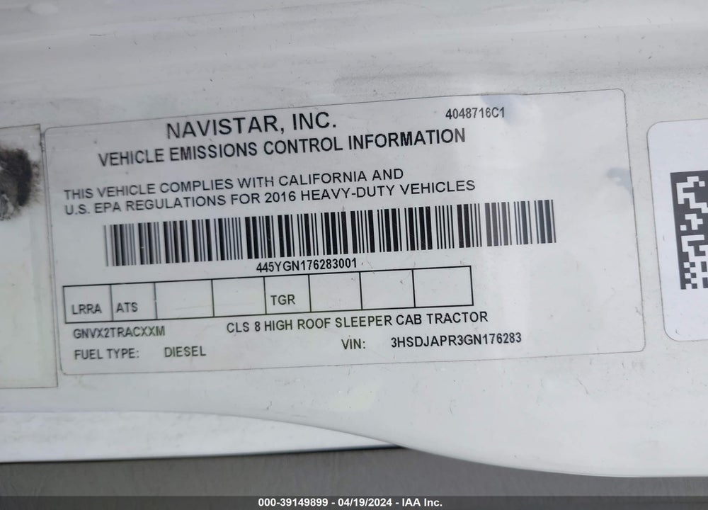 2016 INTERNATIONAL PROSTAR VIN: 3HSDJAPR3GN176283