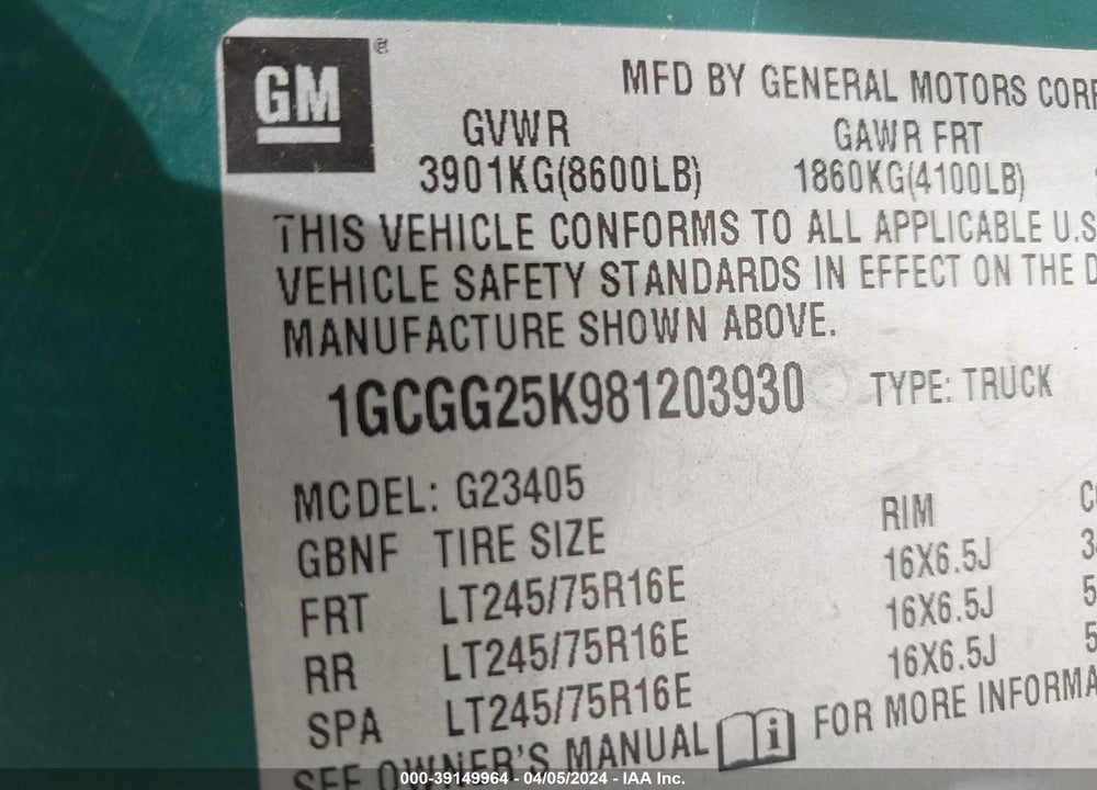 2008 CHEVROLET EXPRESS WORK VAN VIN: 1GCGG25K981203930