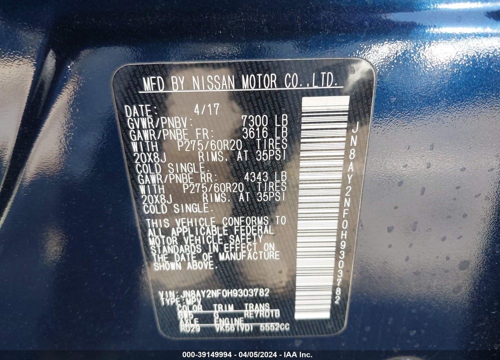 2017 NISSAN ARMADA PLATINUM VIN: JN8AY2NF0H9303782