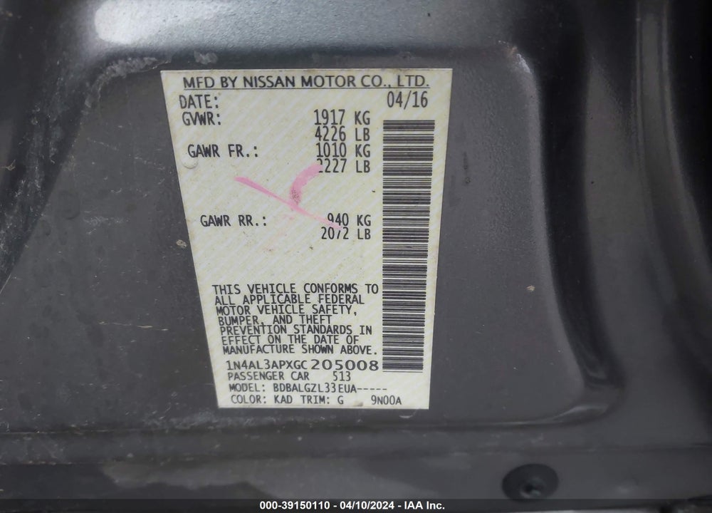 2016 NISSAN ALTIMA 2.5/2.5 S/2.5 SL/2.5 SR/2.5 SV VIN: 1N4AL3APXGC205008