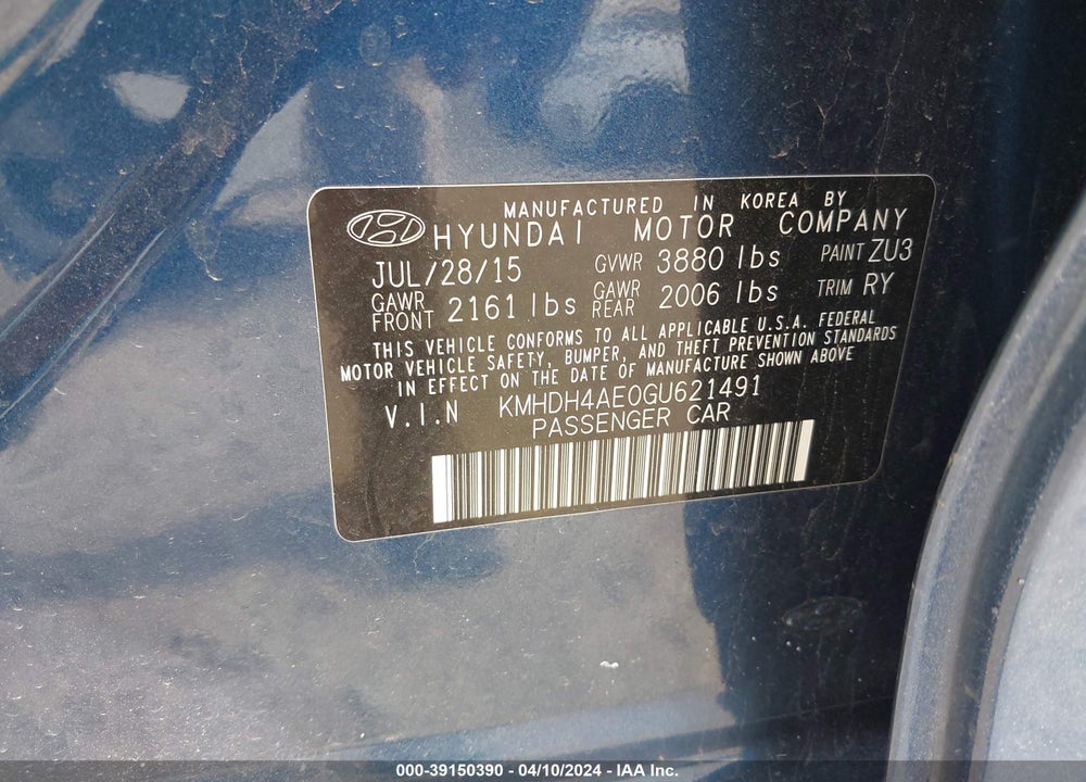 2016 HYUNDAI ELANTRA VALUE EDITION VIN: KMHDH4AE0GU621491