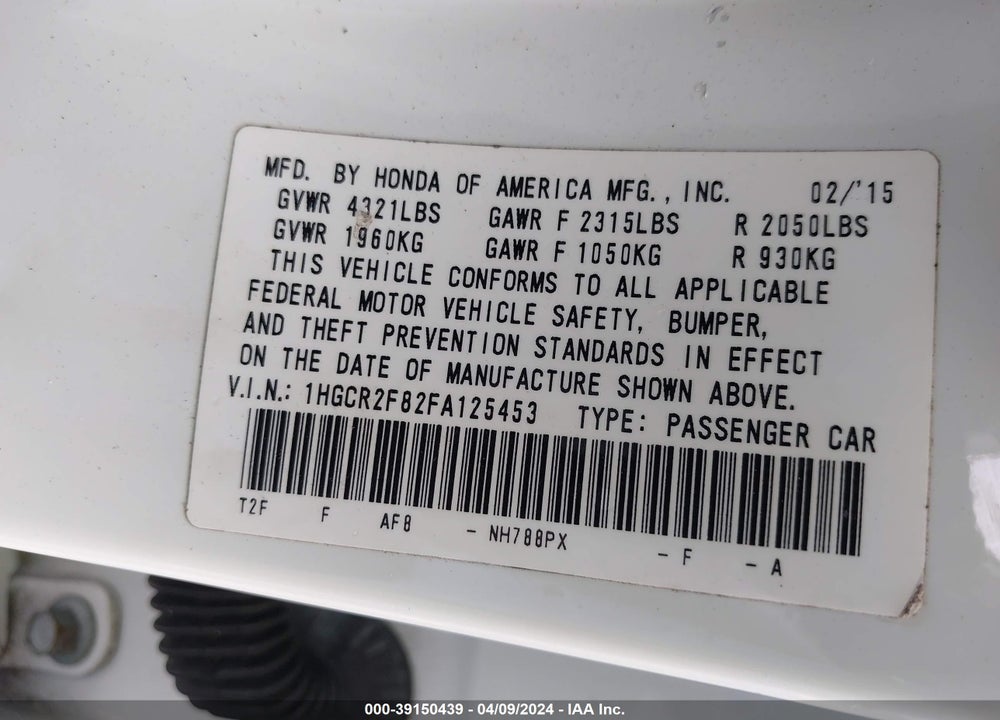 2015 HONDA ACCORD VIN: 1HGCR2F82FA125453