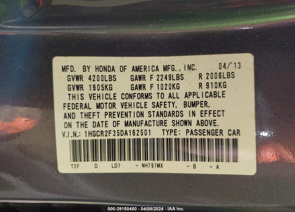 2013 HONDA ACCORD LX VIN: 1HGCR2F35DA162501