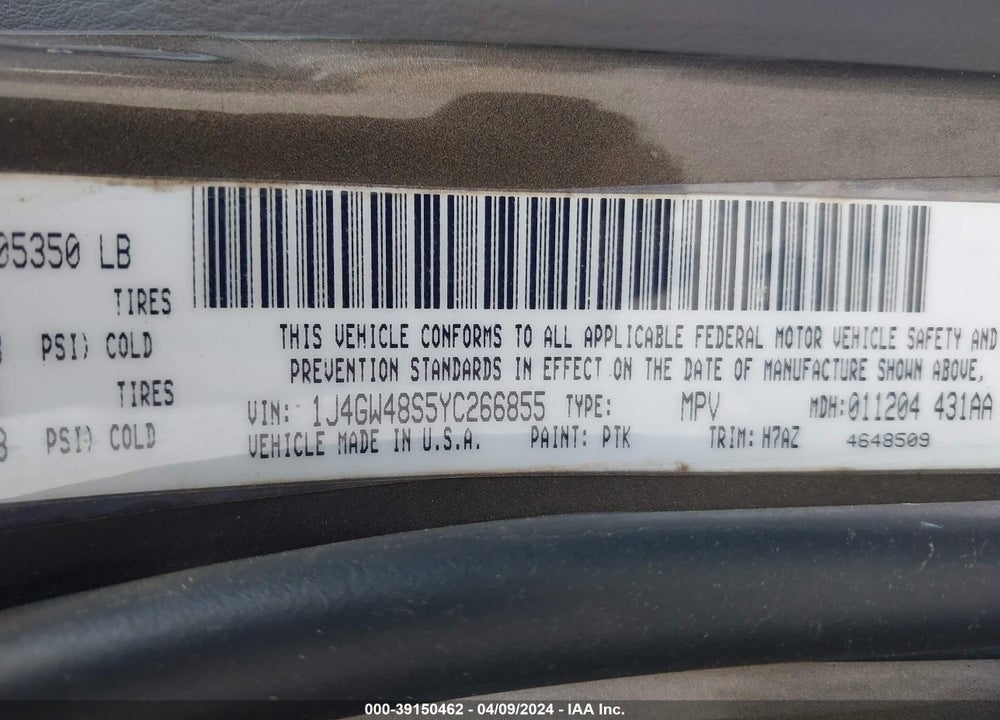 2000 JEEP GRAND CHEROKEE VIN: 1J4GW48S5YC266855