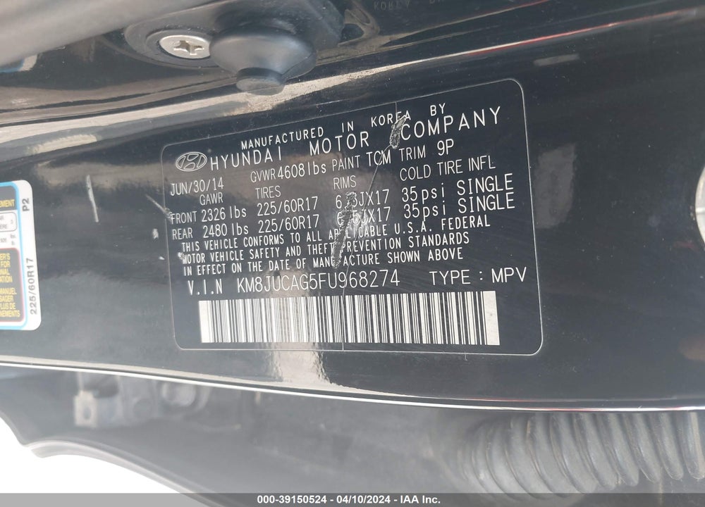 2015 HYUNDAI TUCSON SE VIN: KM8JUCAG5FU968274