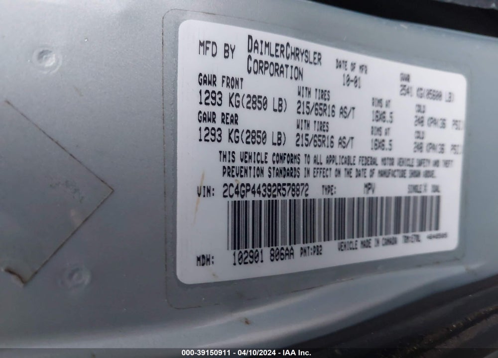 2002 CHRYSLER TOWN & COUNTRY LX VIN: 2C4GP44392R578872