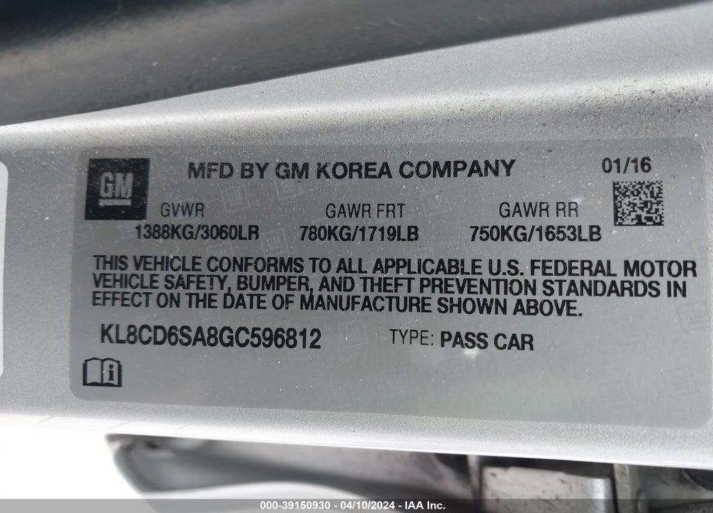 2016 CHEVROLET SPARK 1LT CVT VIN: KL8CD6SA8GC596812