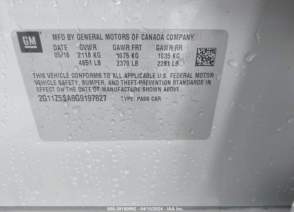 2016 CHEVROLET IMPALA LS VIN: 2G11Z5SA6G9197827