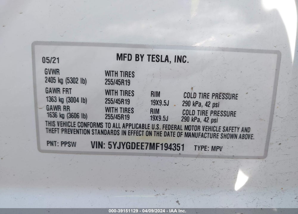 2021 TESLA MODEL Y LONG RANGE DUAL MOTOR ALL-WHEEL DRIVE VIN: 5YJYGDEE7MF194351