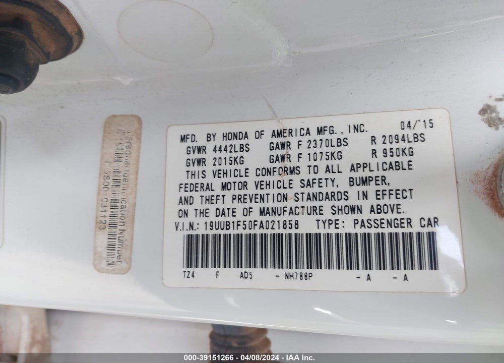 2015 ACURA TLX TECH VIN: 19UUB1F50FA021858