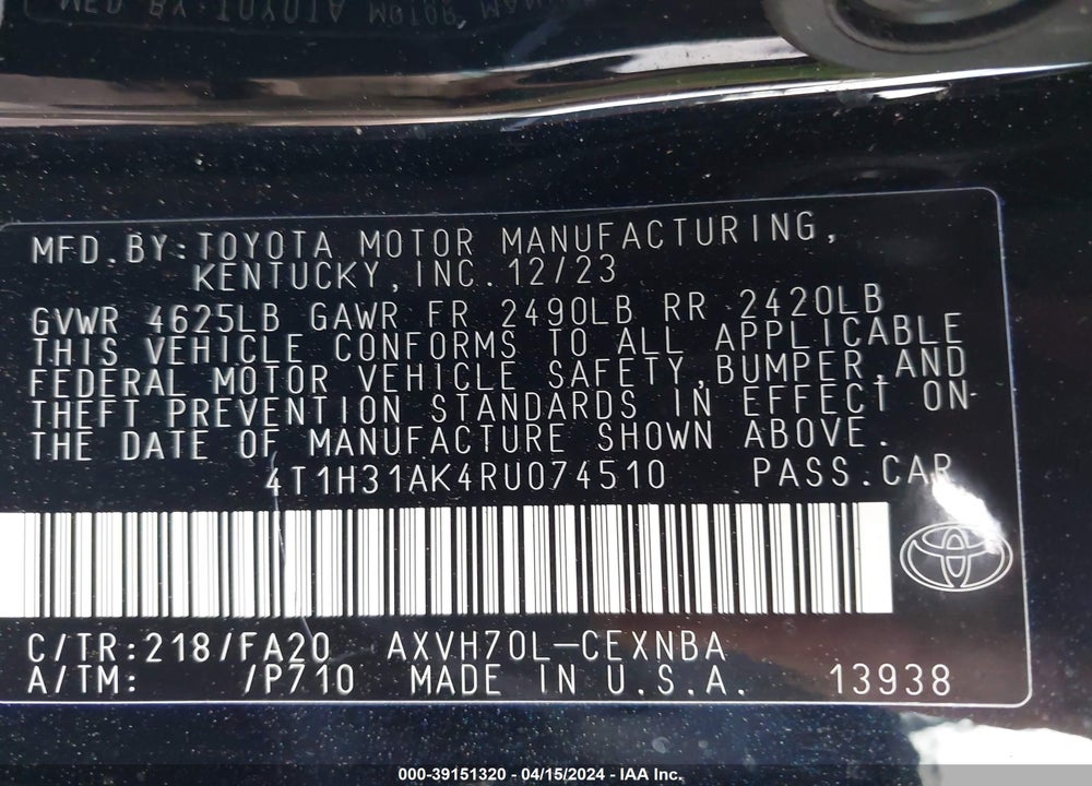 2024 TOYOTA CAMRY HYBRID LE VIN: 4T1H31AK4RU074510
