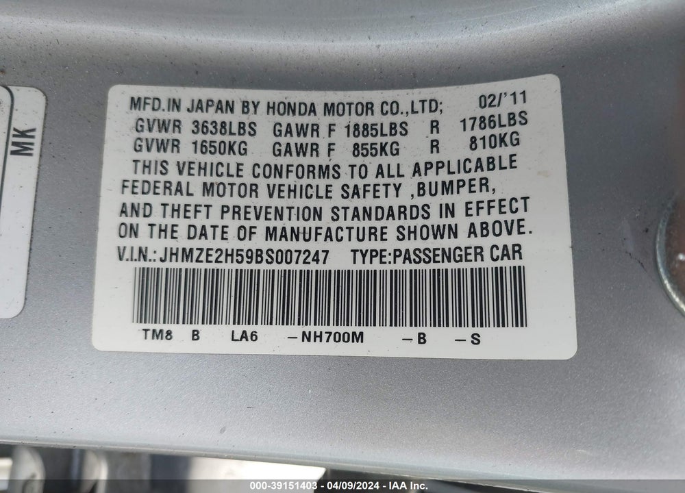 2011 HONDA INSIGHT VIN: JHMZE2H59BS007247
