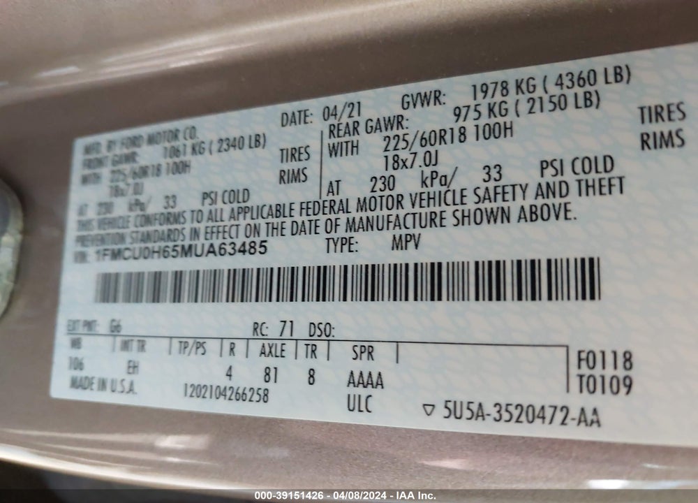 2021 FORD ESCAPE SEL VIN: 1FMCU0H65MUA63485