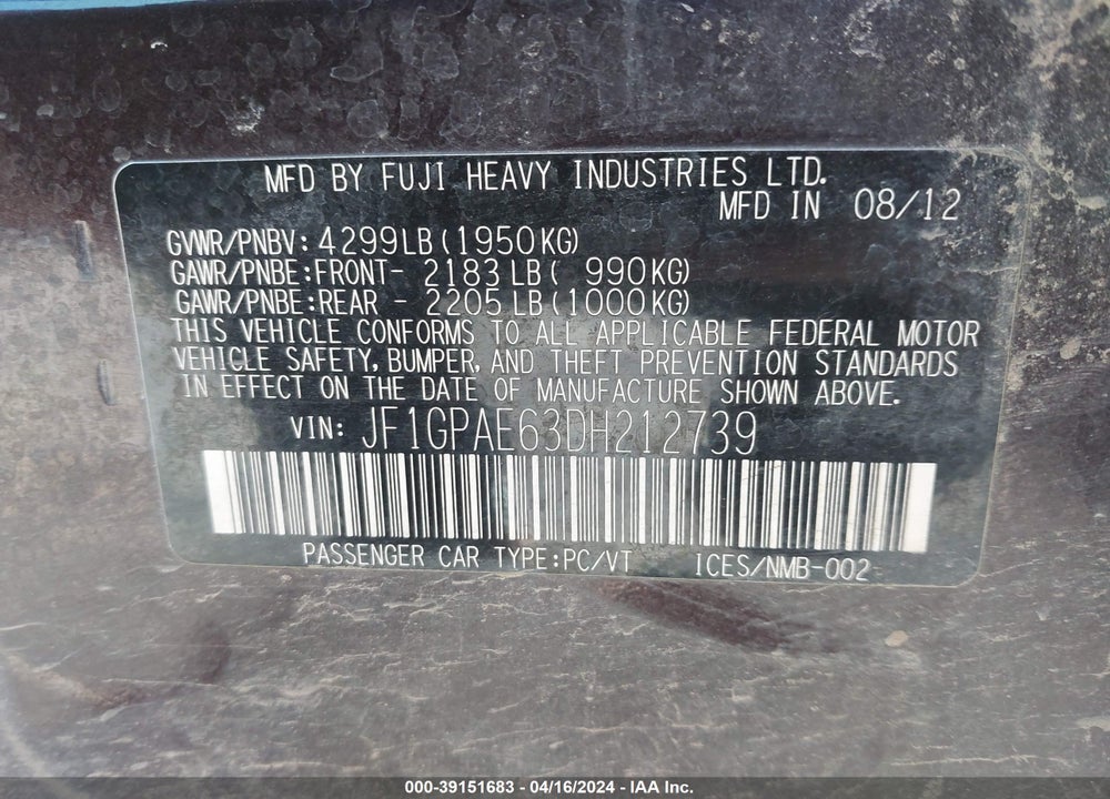 2013 SUBARU IMPREZA 2.0I PREMIUM VIN: JF1GPAE63DH212739