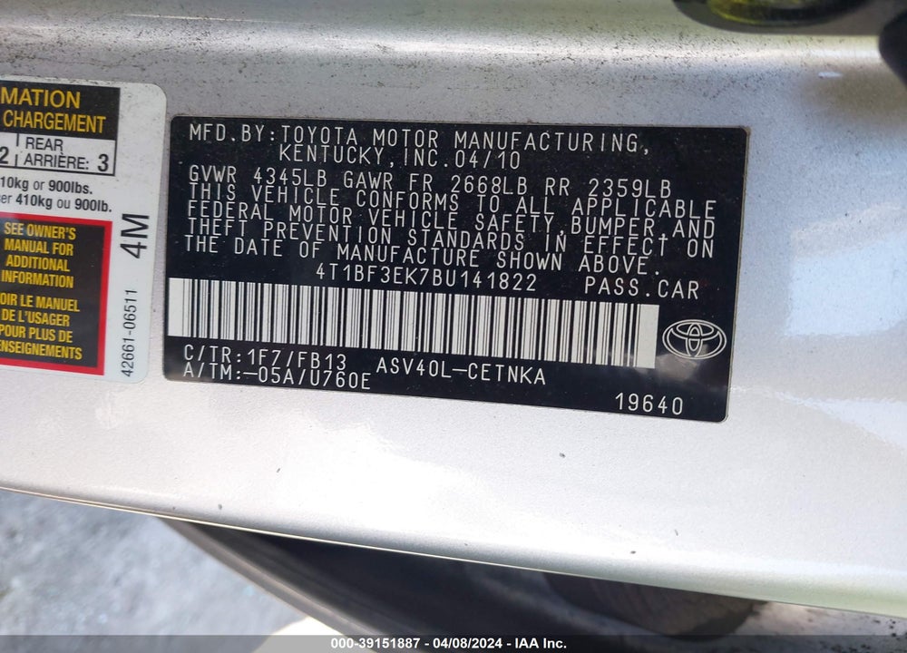 2011 TOYOTA CAMRY LE VIN: 4T1BF3EK7BU141822