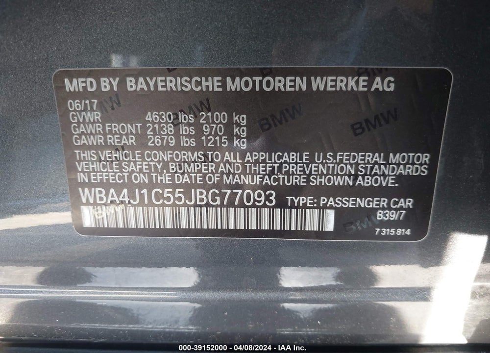 2018 BMW 430I GRAN COUPE VIN: WBA4J1C55JBG77093